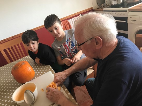Pumpkin carving with his Great Grandsons - he always gave so much time and attention to tasks like this 