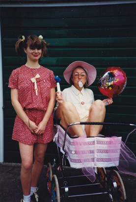 With her daughter in the Pram Race, 1991