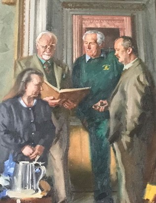 Sam Mortlock with (left) Mr Raven, housekeeper, (right) Mr Thompson, Houseman and Mr Shearer, Deputy Hall Administrator. Group portrait by Andrew Festing