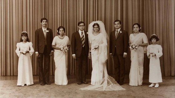Suga and Wesley's Wedding, 1975, Colombo, Sri Lanka (From L to R) - Tanaja (Wesleys cousin), Spencer (friend), Gowrie, (Wesley's sister), Wesley, Suga, Gamini (the best man), Puni (Suga's friend) Faren (friends daughter)