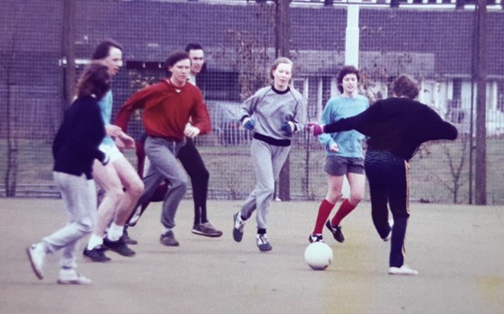 Claire deftly missing the ball, Loughborough 1985