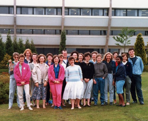 Loughborough Uni - Library Studies finalists 1987. Claire and Fred Frog, far left.