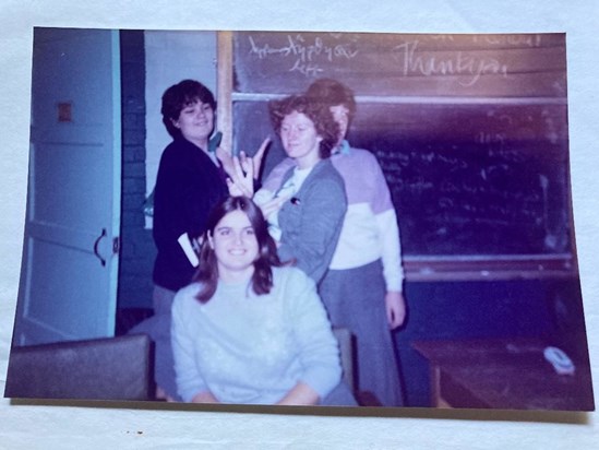 July 1982. Claire with friends in the Lower 6th, Stroud High School.