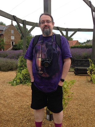 Matching his t-shirt to the lavender on a family visit to Norfolk Lavender