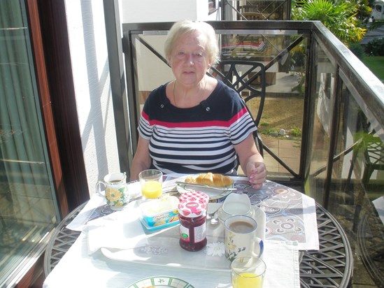 Sylvia having a light breakfast with Dorothy Barrett on a mini vacation