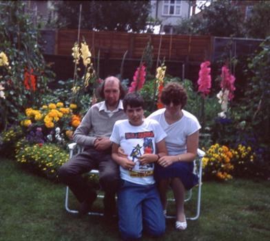 Cath George & Simon in grandma's garden.