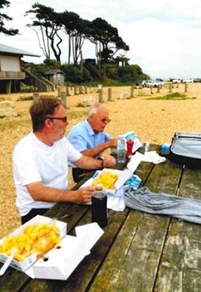 Enjoying the best Fish and Chips, Lepe Beach, Hampshire, July 2021