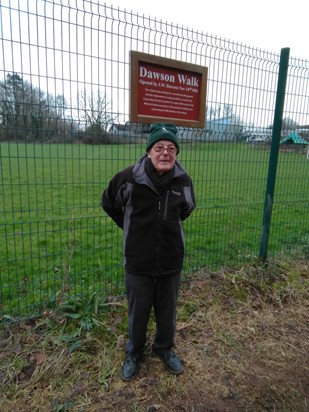 Harry in front of the new Dawson Walk sign, January 2021