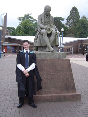 Scott's Graduation Day with statue of James Watt