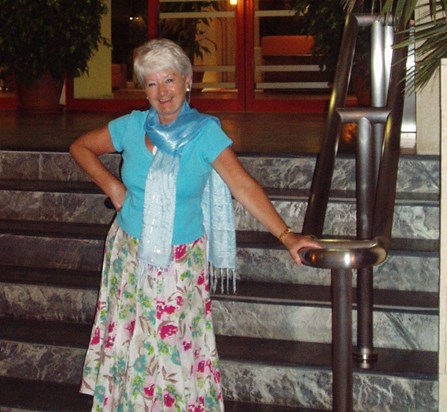 Carol, at one of our favourite hotels, the Parador Hotel, Nerja playing the fool again.