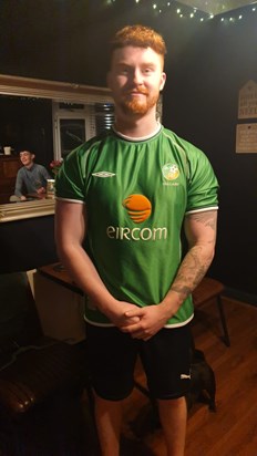 A very proud grandson wearing his grandads cherished Ireland shirt 