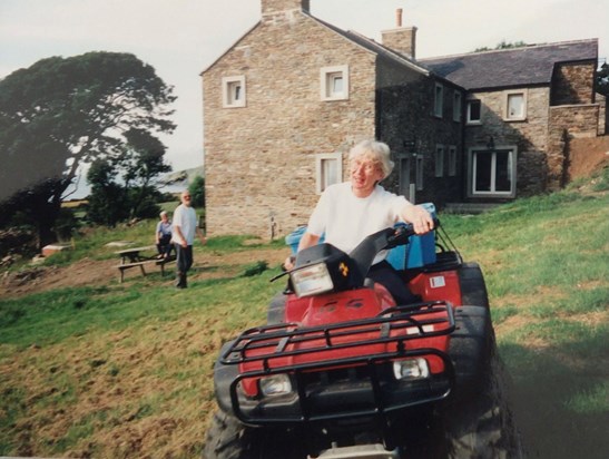 Riding the quad bike, Ballaquane, Isle of Man. 1998 ish.