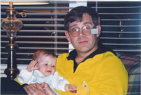Scott the babysitter (note the rearview mirror for cycling still attached to glasses) with Hope 1999