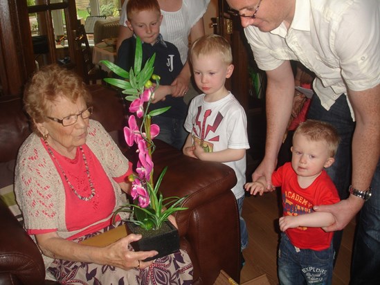 Mamma's 90th Birthday with Grandson James and Great Grandchildren Alfie, Ollie & Owen