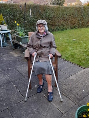 Mum in the Garden on her new chair - March 2021