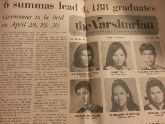 Cherie garnered the highest GPA among the 4,188 college graduates of the UST in 1967, at 94.86%