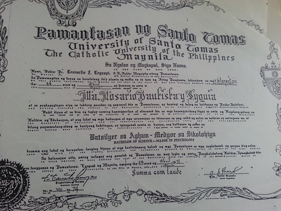 Cherie's college diploma, declaring her as "summa cum laude" in Psychology