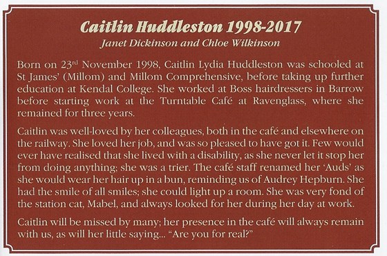 Lovely message from Ravenglass & Eskdale Railway, where Caitlin loved working xx